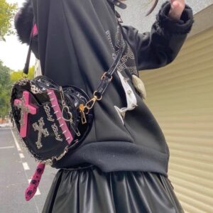 Gothic Heart-shaped Zip Chain Crossbody Bag Kawaii Wallet Y2k Shoulder Bag Y2k Fashion Y2k Purse (Black)