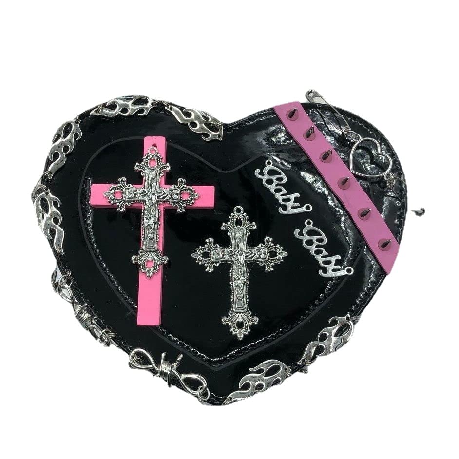 Gothic Heart-shaped Zip Chain Crossbody Bag Kawaii Wallet Y2k Shoulder Bag Y2k Fashion Y2k Purse (Black)