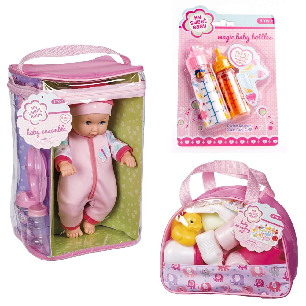 Toysmith My Sweet Baby Magic Baby Bottles, Baby Care Set, and Deluxe Baby Ensemble; Complete Baby Doll Care Set