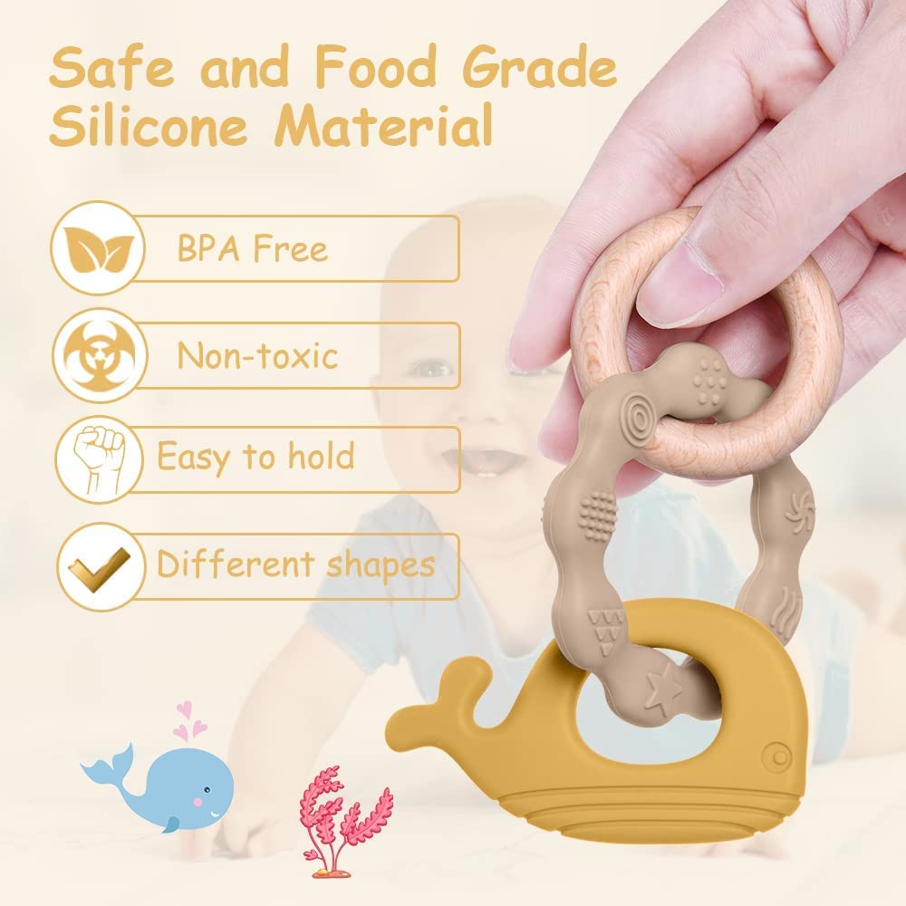 Vicloon Baby Teether Toys, Silicone & Natural Wood Teether Ring, Baby Teething Toys for Babies 0 Months+, Silicone Chewable Rings for Newborn Gift（Yellow）