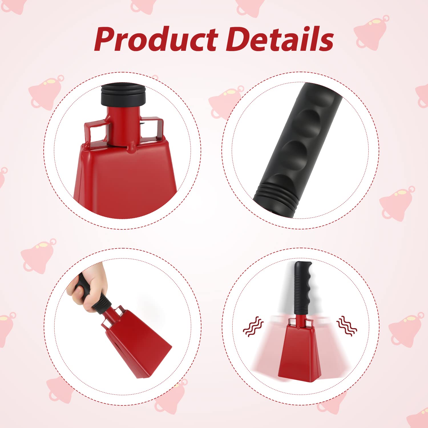 1pc Cow Bell Noise Maker, Cowbell with Handle for Sporting Events Football Game Cheering Bells Large Solid School Bells Hand Call Bell (Red)