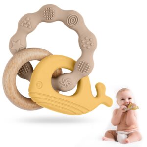 vicloon baby teether toys, silicone & natural wood teether ring, baby teething toys for babies 0 months+, silicone chewable rings for newborn gift（yellow）