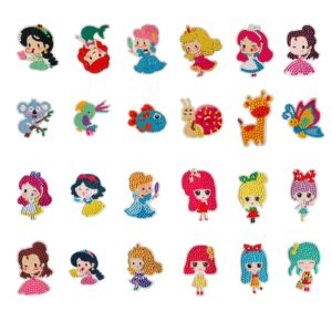 tang cai 5d 24 pcs easy diamond painting stickers kits, cute animals princess figure rhinestones gem painting sticker for girls kids diy art and craft