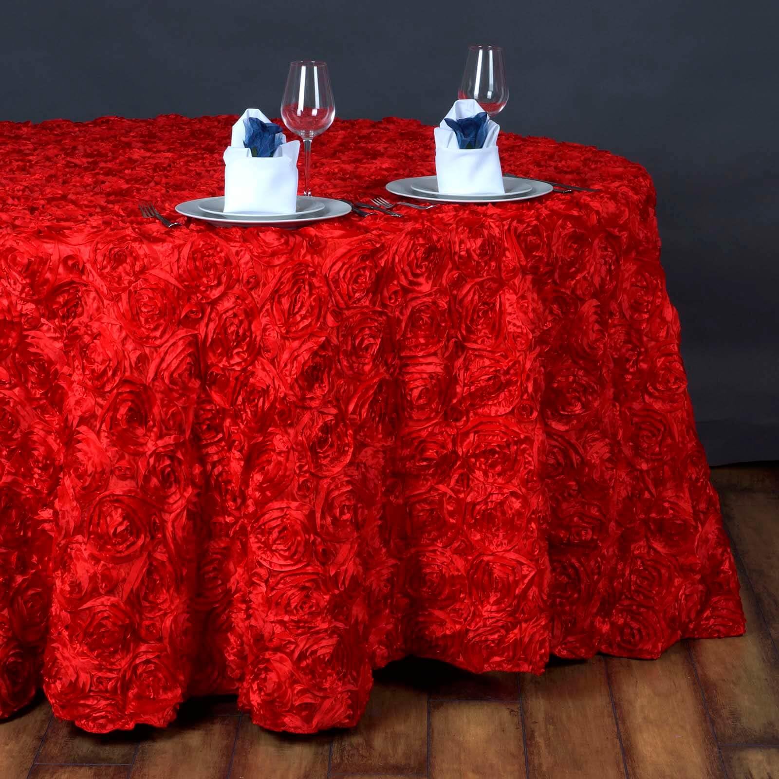 Efavormart 132" Wholesale Round Table Cover RED Grandiose Rosette 3D Satin Tablecloth for Wedding Party Event Decoration