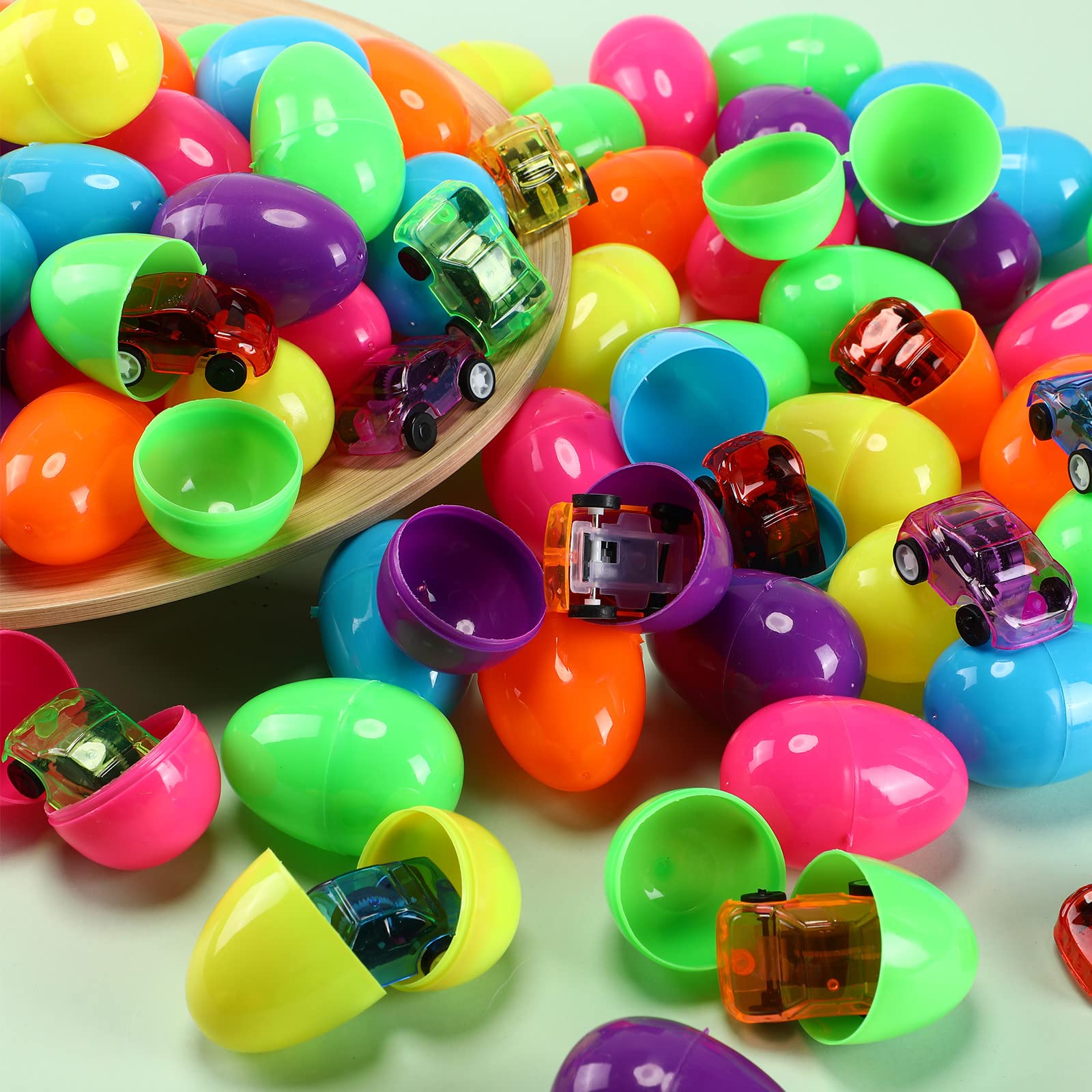 200 Pcs Filled Easter Eggs with Mini Pull Back Cars Include 100 Pcs Mini Pull Back Cars and 100 Pcs Colorful Easter Egg Cars Toy Vehicles for Easter Basket Stuffers Easter Eggs Hunt and Party Favors