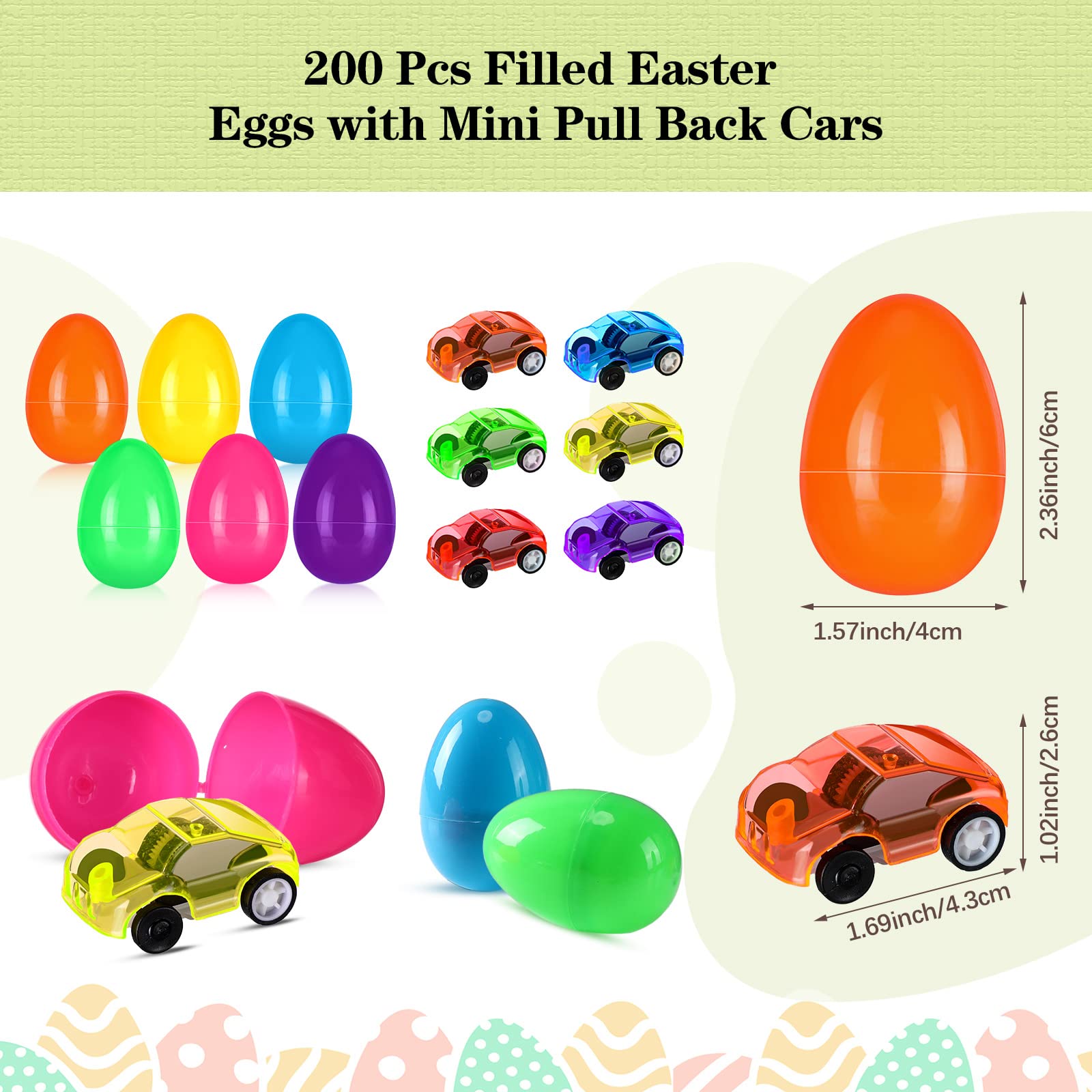 200 Pcs Filled Easter Eggs with Mini Pull Back Cars Include 100 Pcs Mini Pull Back Cars and 100 Pcs Colorful Easter Egg Cars Toy Vehicles for Easter Basket Stuffers Easter Eggs Hunt and Party Favors