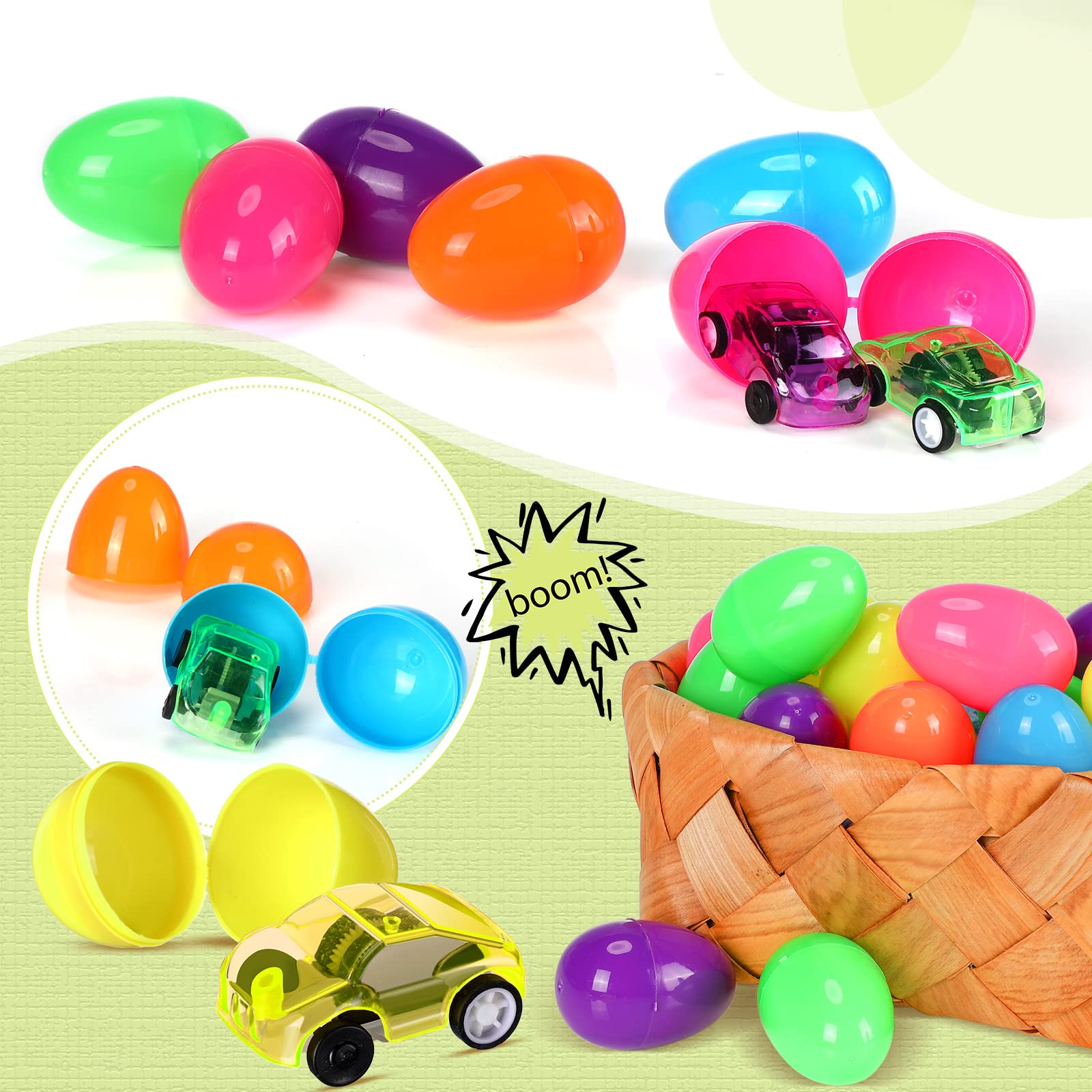 200 Pcs Filled Easter Eggs with Mini Pull Back Cars Include 100 Pcs Mini Pull Back Cars and 100 Pcs Colorful Easter Egg Cars Toy Vehicles for Easter Basket Stuffers Easter Eggs Hunt and Party Favors