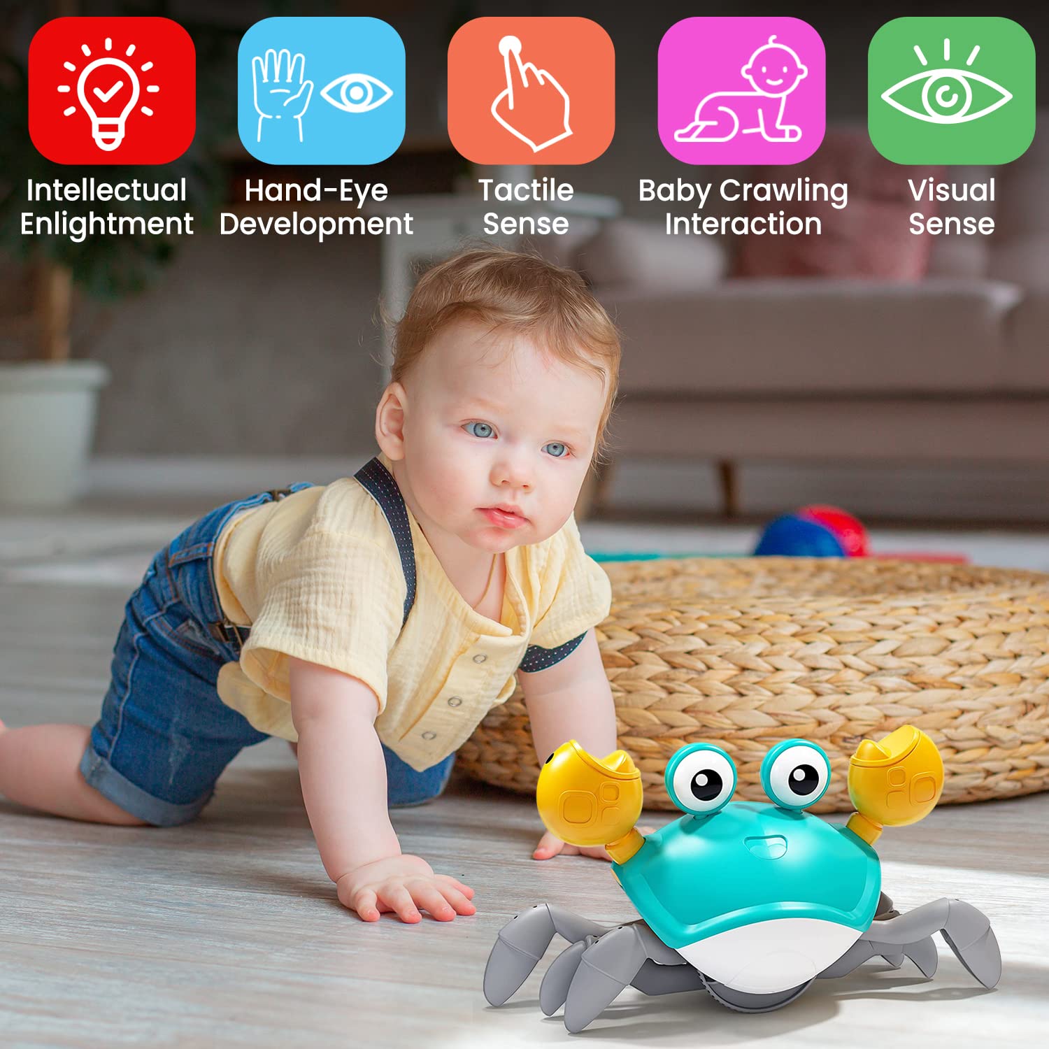 TOOTY TOY Rechargeable Crawling Crab Baby Toy, Interactive Learning Toys for Kids Boy Girl, Infant Tummy Time Toy Gifts with Music and LED Light, Toddler Toys Which Avoid Obstacles