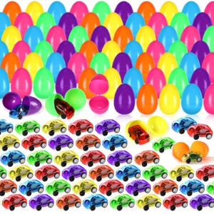 200 Pcs Filled Easter Eggs with Mini Pull Back Cars Include 100 Pcs Mini Pull Back Cars and 100 Pcs Colorful Easter Egg Cars Toy Vehicles for Easter Basket Stuffers Easter Eggs Hunt and Party Favors