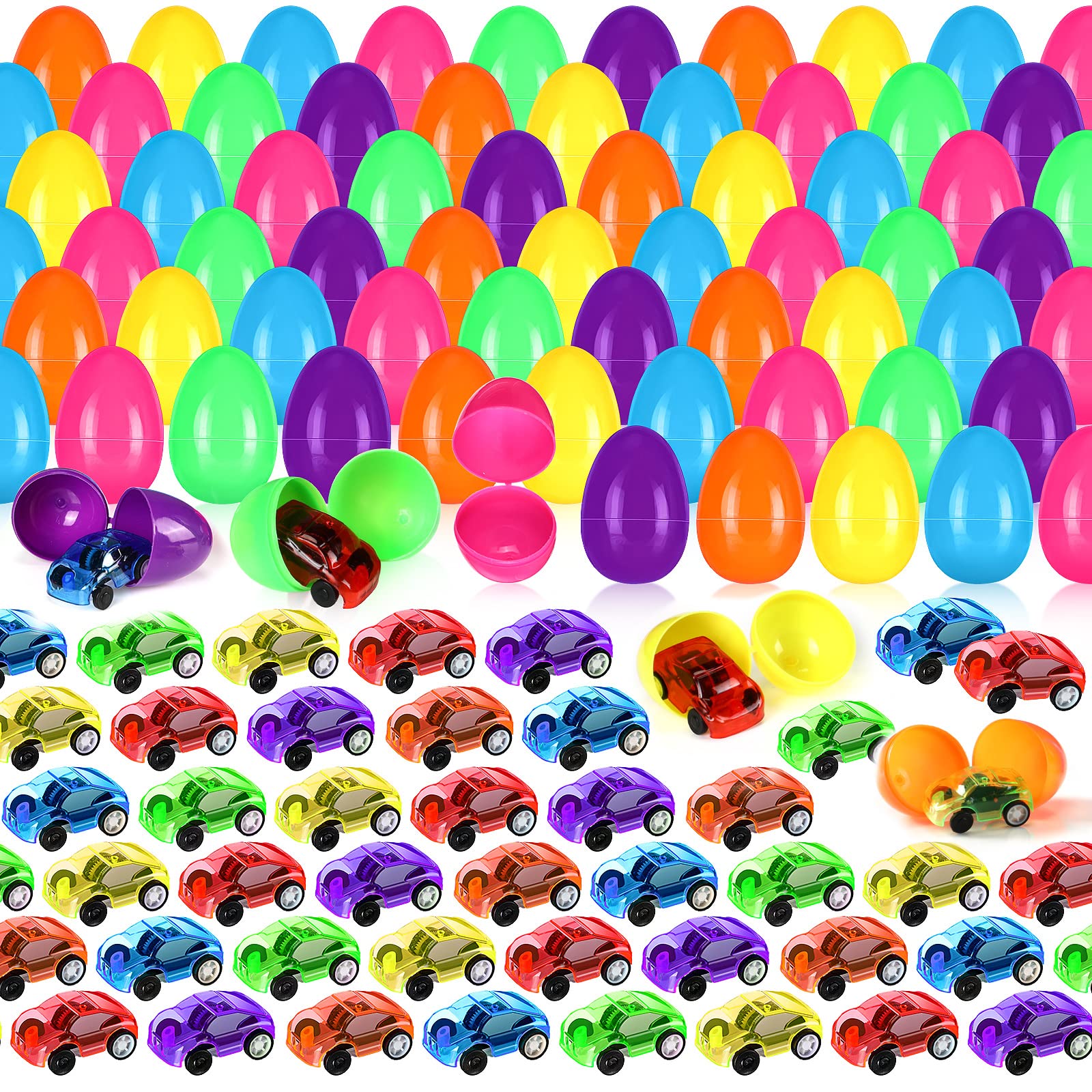 200 Pcs Filled Easter Eggs with Mini Pull Back Cars Include 100 Pcs Mini Pull Back Cars and 100 Pcs Colorful Easter Egg Cars Toy Vehicles for Easter Basket Stuffers Easter Eggs Hunt and Party Favors