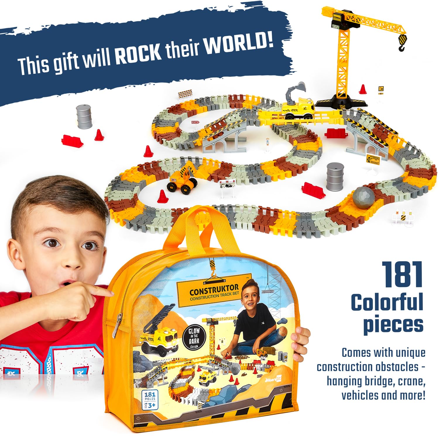 JITTERYGIT Construction Race Track Site Toy - Including Sandbox Vehicles, Trucks, Excavator, Bulldozer, Dump Truck, Crane - Birthday Gift for Kids, Boys, Girls, Toddlers for Ages 3 4 5 6 7 8 Year Old