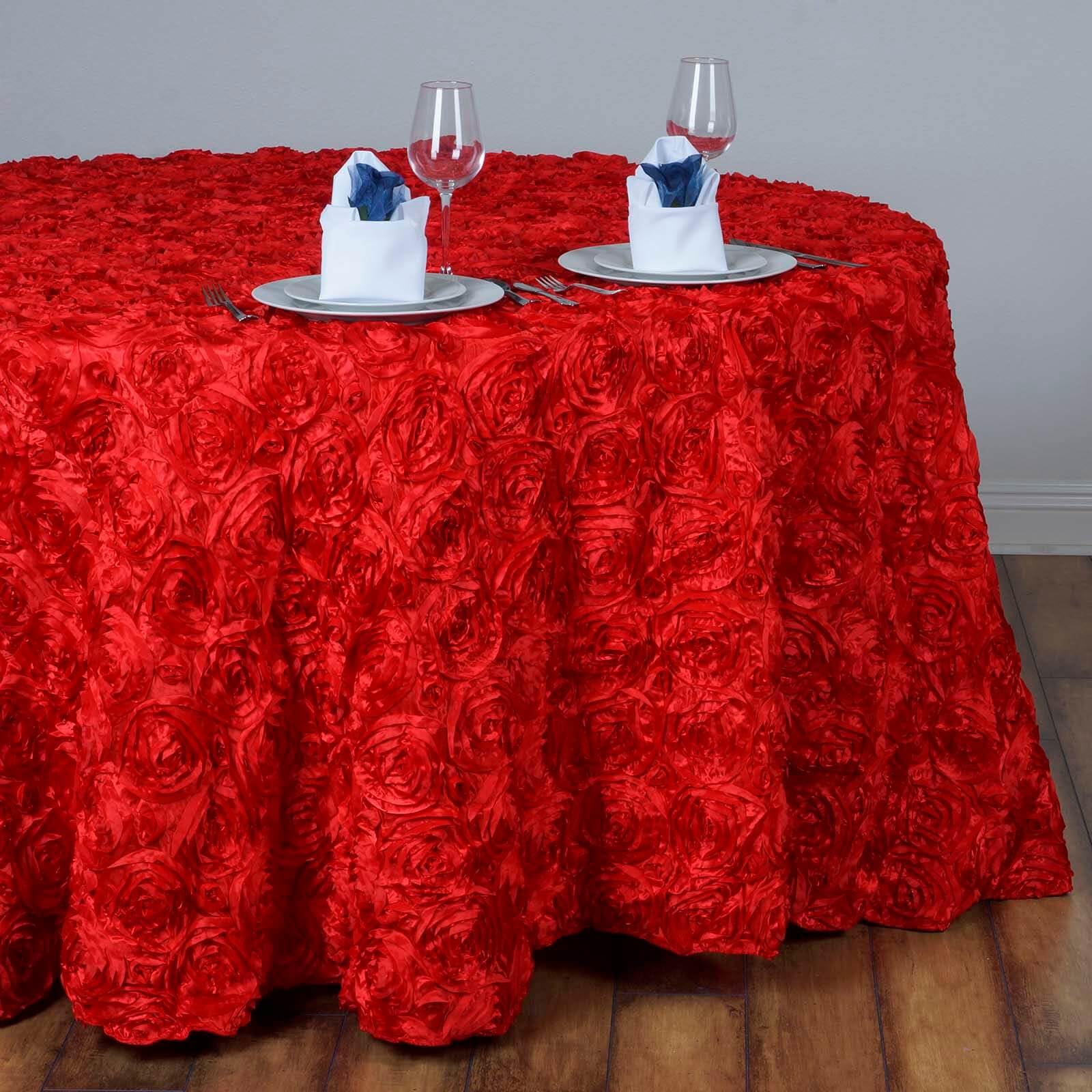 Efavormart 132" Wholesale Round Table Cover RED Grandiose Rosette 3D Satin Tablecloth for Wedding Party Event Decoration