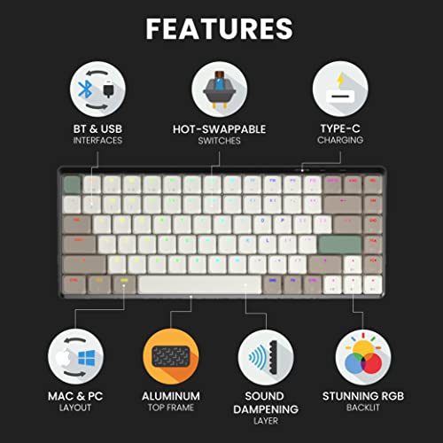 Azio Cascade Slim Mechanical Keyboard, 75% Layout, Low Profile Backlit RGB, Hotswap Switches and Keycaps, Wired USB-C or Bluetooth Wireless Connection (Gateron Brown Switches) (Forest Light)