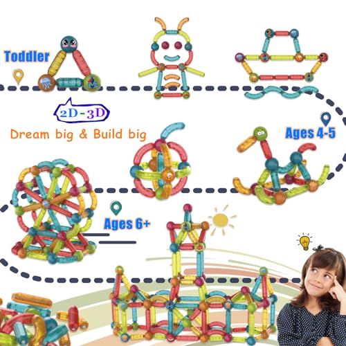 Magnetic Building Blocks,Large 3D Clear Magnets STEM Educational Construction Toys,Sensory Montessori Preschool Magnetic Building Sticks Blocks Kit for Kids Ages 3 4 5 6 Year Old Boys Girls Toddlers