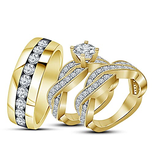 Indi Gold & Diamond Jewelry Round Cut White Diamond In 925 Sterling Silver 14K Yellow Gold Over Diamond Wedding Engagement Band Trio Ring Set for Him & Her