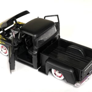 MiJo Exclusives Jada Toys 1:24 1955 Chevrolet Stepside Truck - Matte Black with Yellow Flames - Just Trucks - 34294