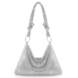 aoyunhui rhinestone hobo bag shoulder handbags crystal evening clutch bag for wedding reception-sliver