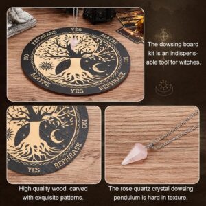 INFUNLY Witch Pendulum Board Tree of Life Round Wooden Divination Board 7.9" Sun Moon Metaphysical Message Board with Crystal Necklace Witchcraft Wicca Altar Supplies Kit