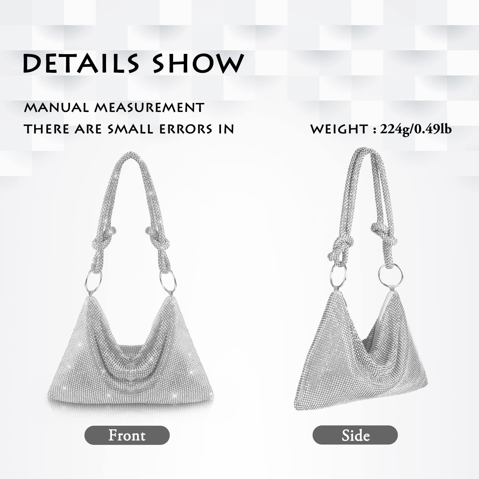 AOYUNHUI Rhinestone Hobo Bag Shoulder Handbags Crystal Evening Clutch Bag for Wedding Reception-Sliver