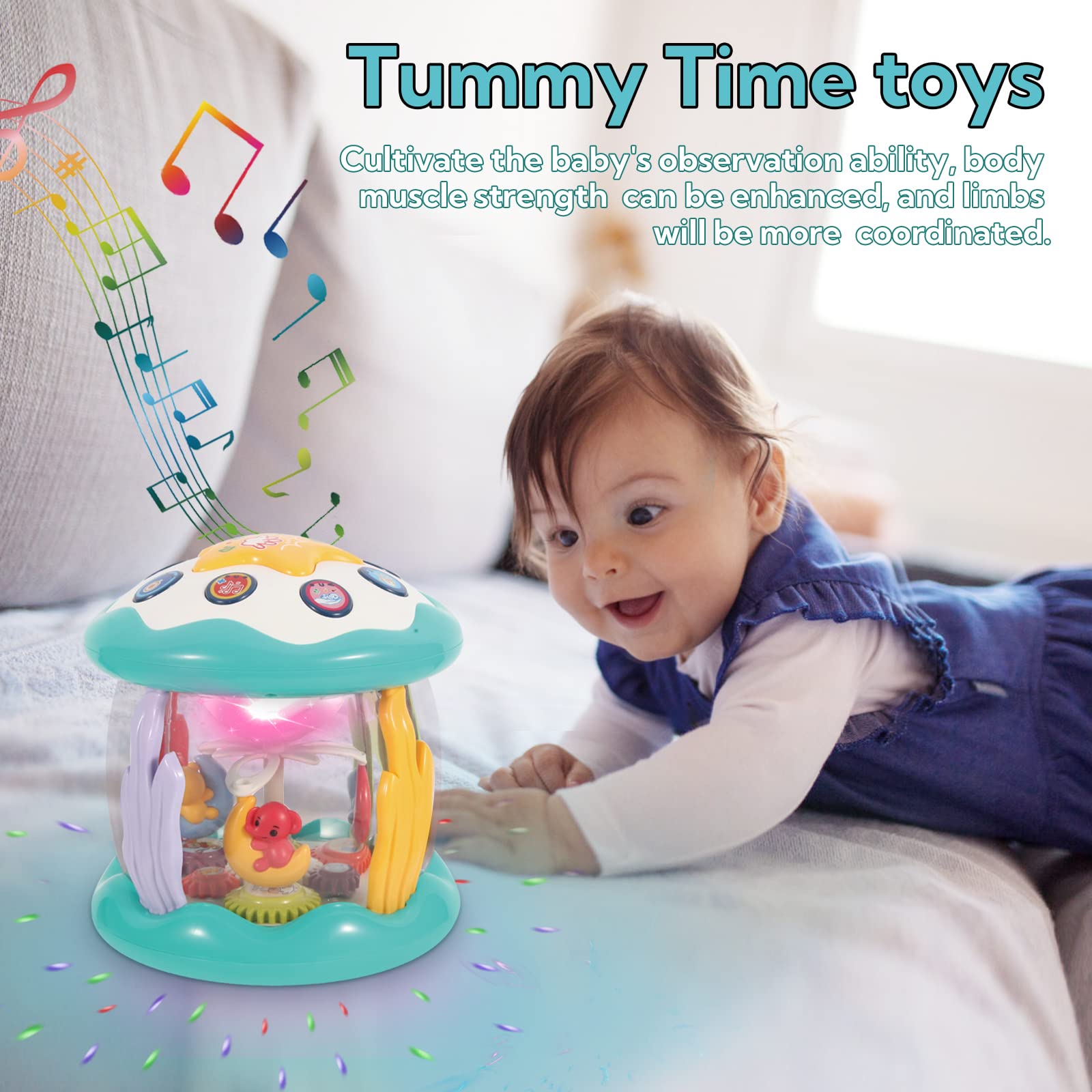 KGINAB Light Up Toys for Babies 6-12 Months, Musical Rotating Projector, Infant Early Education Developmental Learning Crawling for Baby Boy Girl 0-6 3-6 12-18 Months