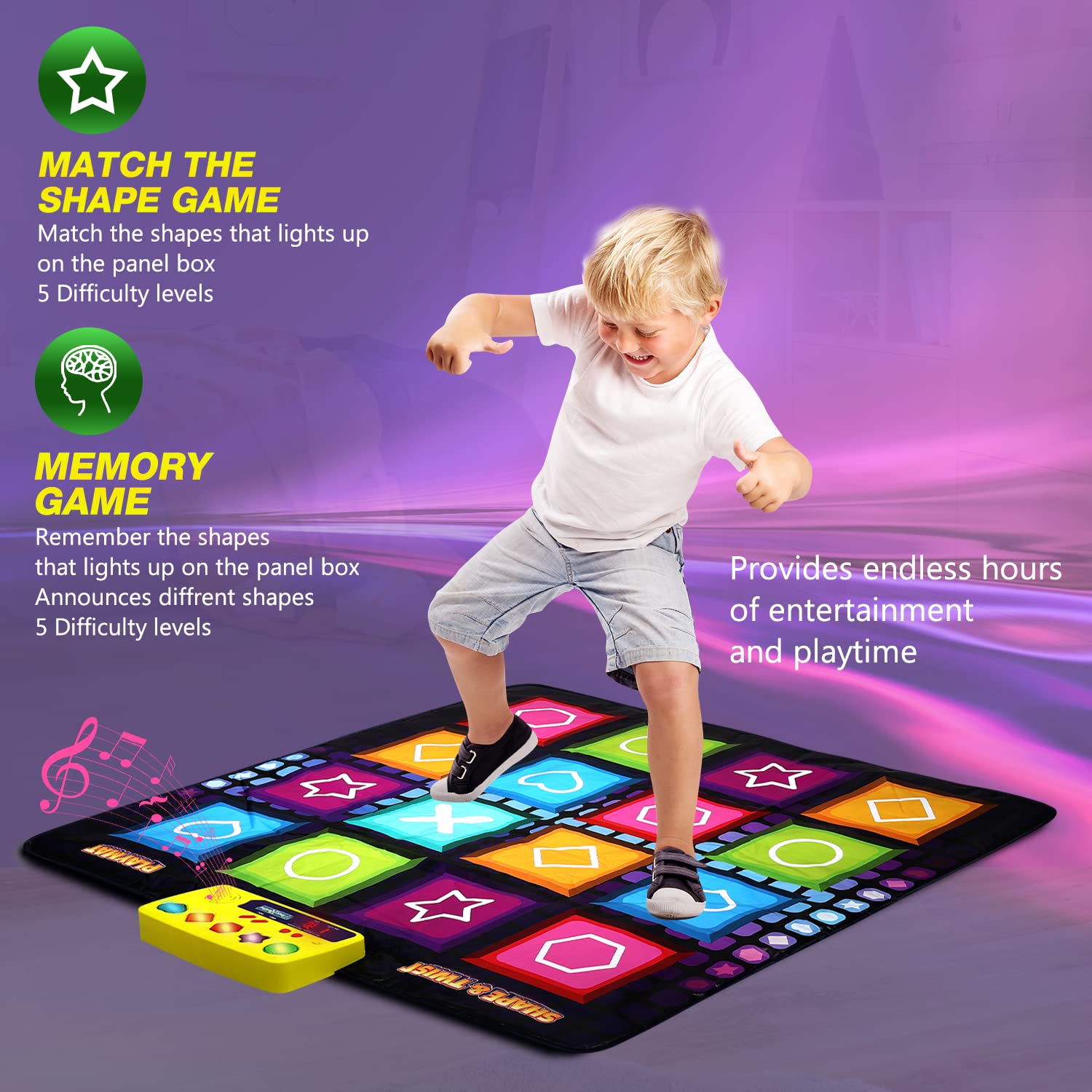 PlayRoute Shape & Twist Dance Mat | 3 Fun Educational Shape Games Mat for Kids Ages 4-8 | Electronic Gift Toy for Girls & Boys Ages 4 5 6 7 8 Years Old | Brain & Memory STEM Toy for Kids