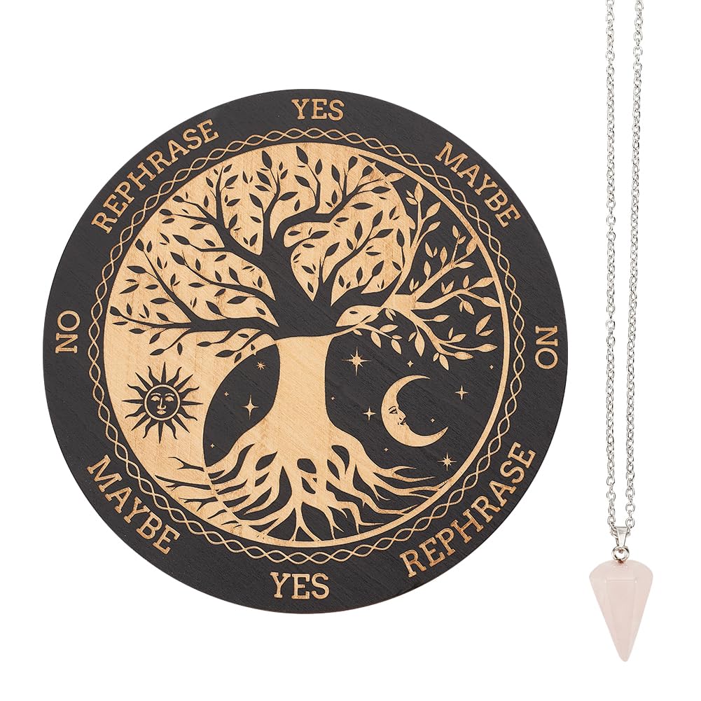 INFUNLY Witch Pendulum Board Tree of Life Round Wooden Divination Board 7.9" Sun Moon Metaphysical Message Board with Crystal Necklace Witchcraft Wicca Altar Supplies Kit