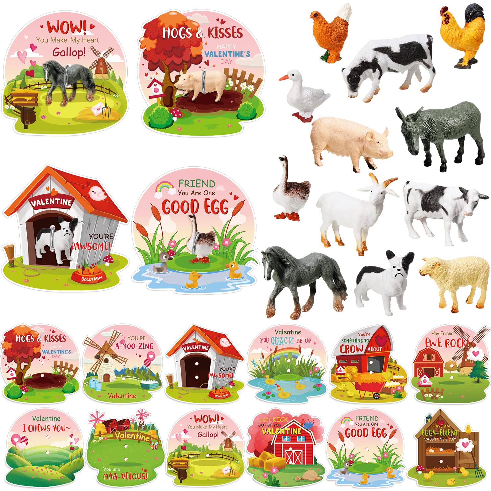 24 Piece Valentines Day Farm Animal Figurines Toys and Farm Animal Card Valentines Animals Greeting Cards for School Classroom Valentine's Gift Exchange Prize Party Favor