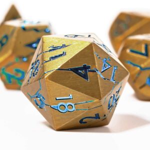 Cracked Iron Ruins Metal Dice + Gold Metal Dice with Blue Cracks