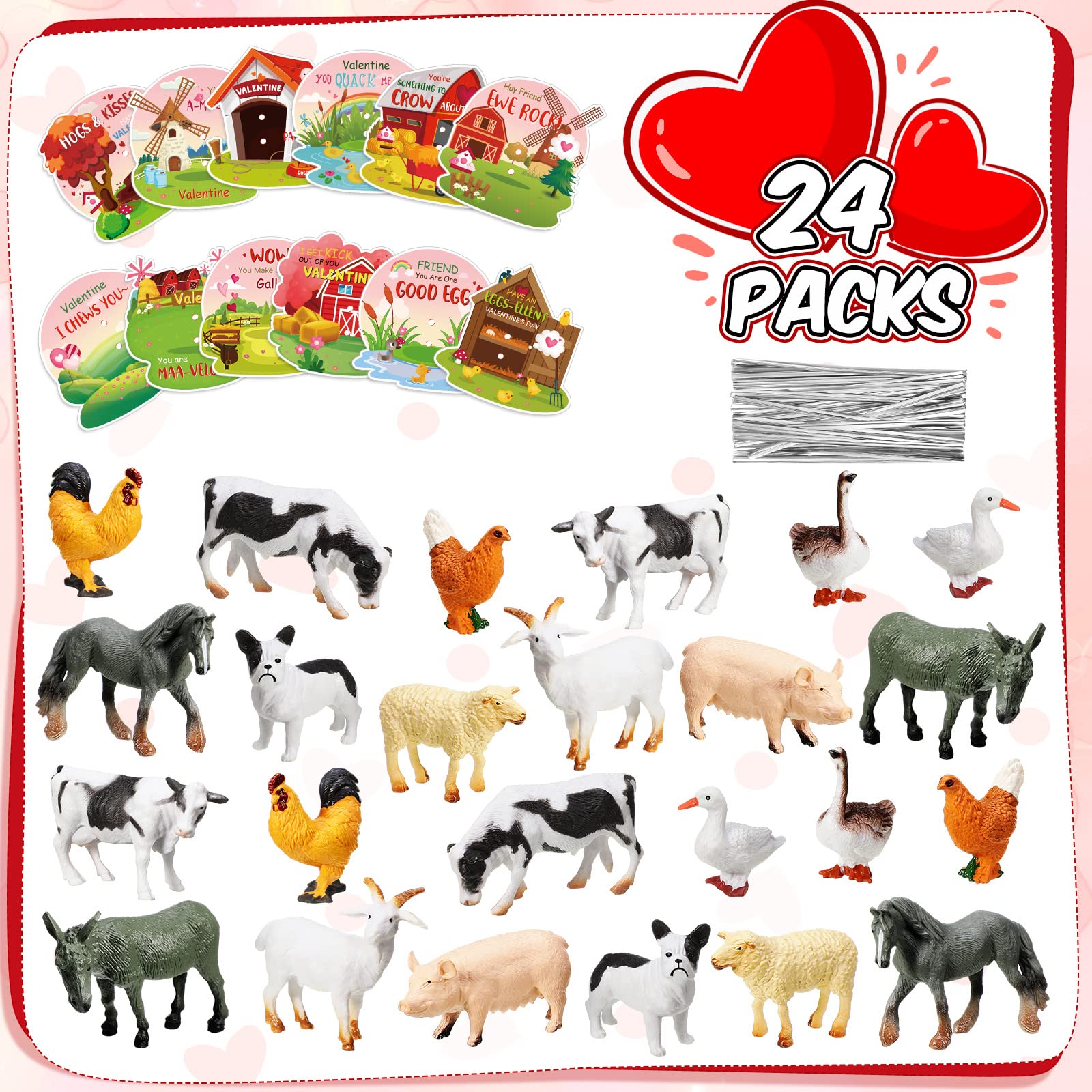 24 Piece Valentines Day Farm Animal Figurines Toys and Farm Animal Card Valentines Animals Greeting Cards for School Classroom Valentine's Gift Exchange Prize Party Favor