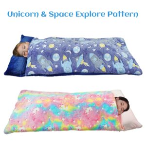 Kids Sleeping Bags, Glow in The Dark Slumber Bag for Kids, Toddler Nap Mat with Pillow and Blanket for Sleepover, Daycare, Preschool (62" x 28") (Space Explore)