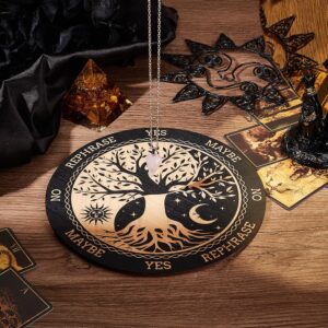 INFUNLY Witch Pendulum Board Tree of Life Round Wooden Divination Board 7.9" Sun Moon Metaphysical Message Board with Crystal Necklace Witchcraft Wicca Altar Supplies Kit