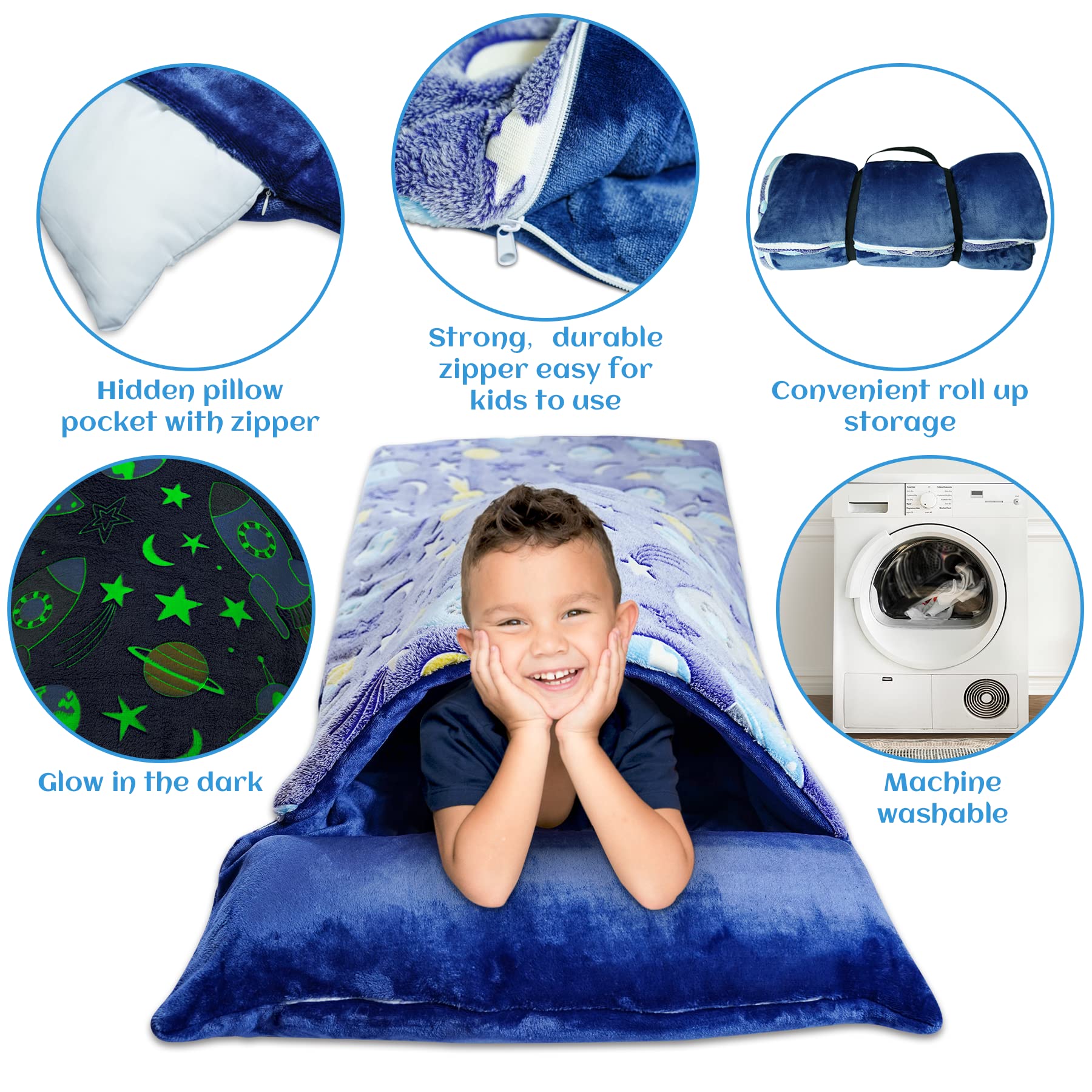 Kids Sleeping Bags, Glow in The Dark Slumber Bag for Kids, Toddler Nap Mat with Pillow and Blanket for Sleepover, Daycare, Preschool (62" x 28") (Space Explore)