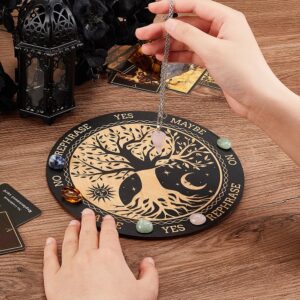 INFUNLY Witch Pendulum Board Tree of Life Round Wooden Divination Board 7.9" Sun Moon Metaphysical Message Board with Crystal Necklace Witchcraft Wicca Altar Supplies Kit