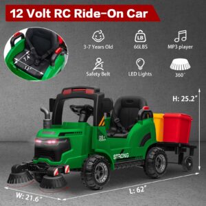 MOLACHI Ride On Street Sweeper Truck,12V Ride on Car w/Remote Control,Electric 360 Degree Rotating Sweeping Brooms，Music,LED Light,Ideal Gift for Kids 3-7 Years Old,Green