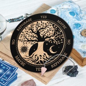 INFUNLY Witch Pendulum Board Tree of Life Round Wooden Divination Board 7.9" Sun Moon Metaphysical Message Board with Crystal Necklace Witchcraft Wicca Altar Supplies Kit