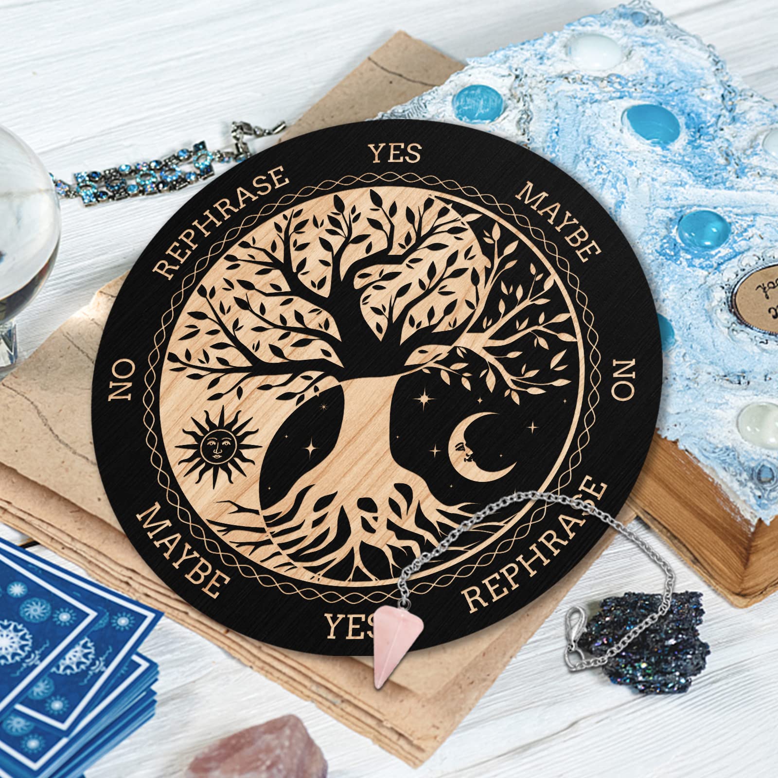 INFUNLY Witch Pendulum Board Tree of Life Round Wooden Divination Board 7.9" Sun Moon Metaphysical Message Board with Crystal Necklace Witchcraft Wicca Altar Supplies Kit