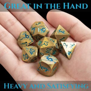 Cracked Iron Ruins Metal Dice + Gold Metal Dice with Blue Cracks