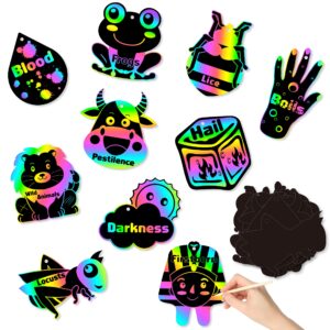 watinc 60pcs passover scratch paper art kit with 10 plague for kids, magic color scratch off cards craft diy animals drawing notebook, classroom school birthday party favor hanging decoration