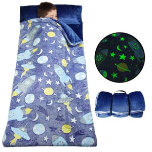 Kids Sleeping Bags, Glow in The Dark Slumber Bag for Kids, Toddler Nap Mat with Pillow and Blanket for Sleepover, Daycare, Preschool (62" x 28") (Space Explore)