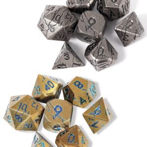 Cracked Iron Ruins Metal Dice + Gold Metal Dice with Blue Cracks