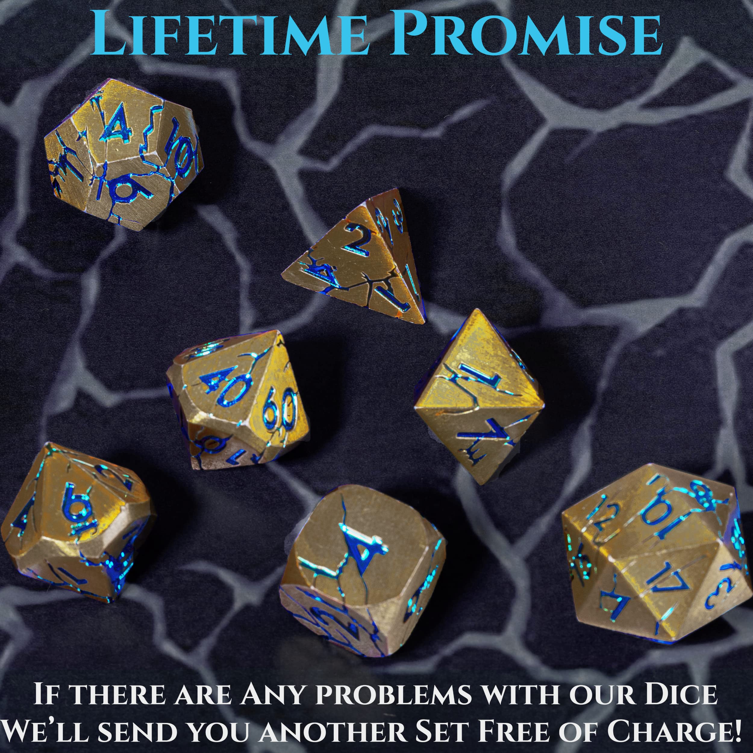 Cracked Iron Ruins Metal Dice + Gold Metal Dice with Blue Cracks