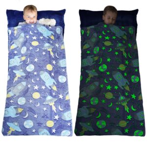 kids sleeping bags, glow in the dark slumber bag for kids, toddler nap mat with pillow and blanket for sleepover, daycare, preschool (62" x 28") (space explore)