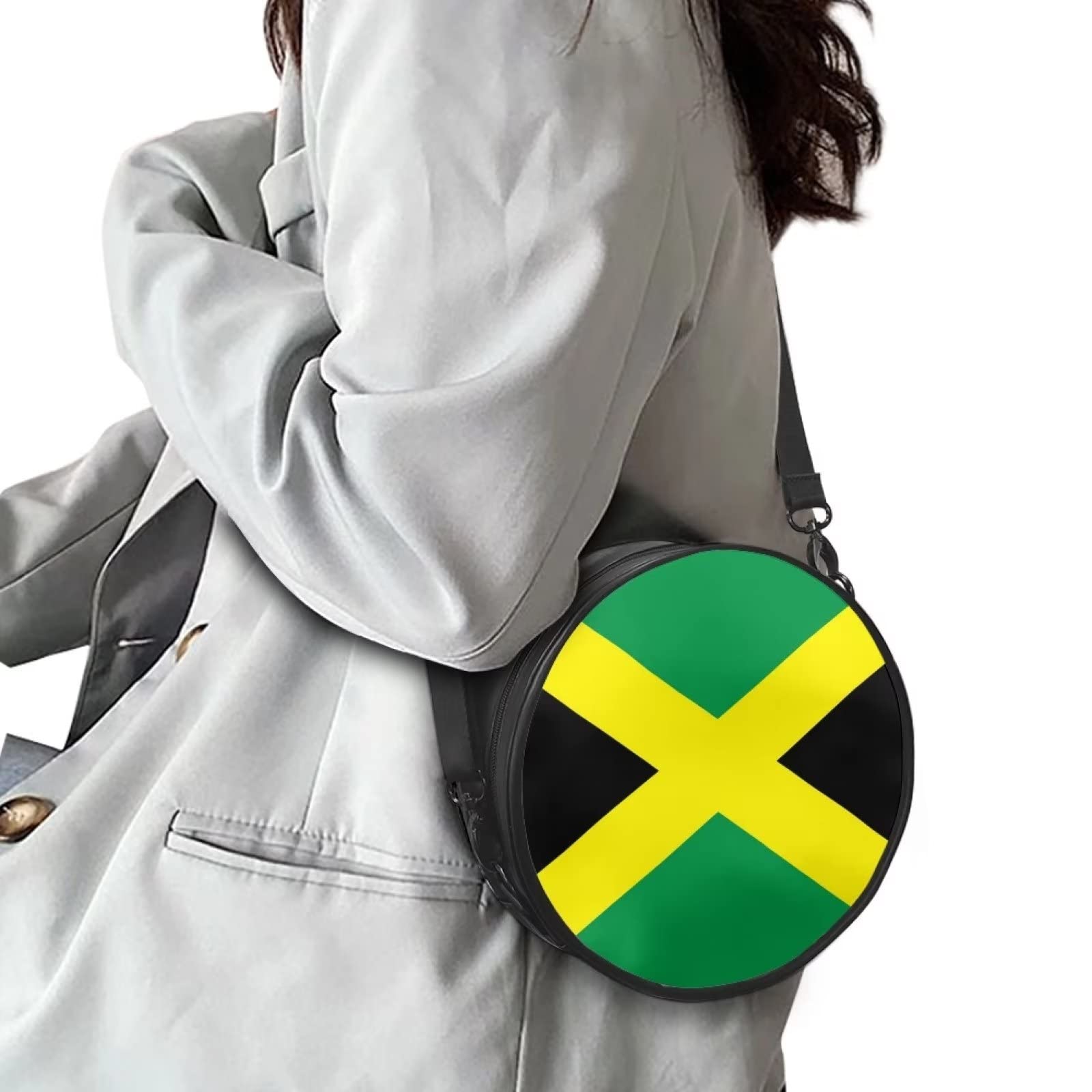 Veniyate Jamaica Flag Pattern Shoulder Handbags Round Crossbody Bag for Women Lightweight Zipper Closure & Removable Shoulder Straps Cross Body Purse