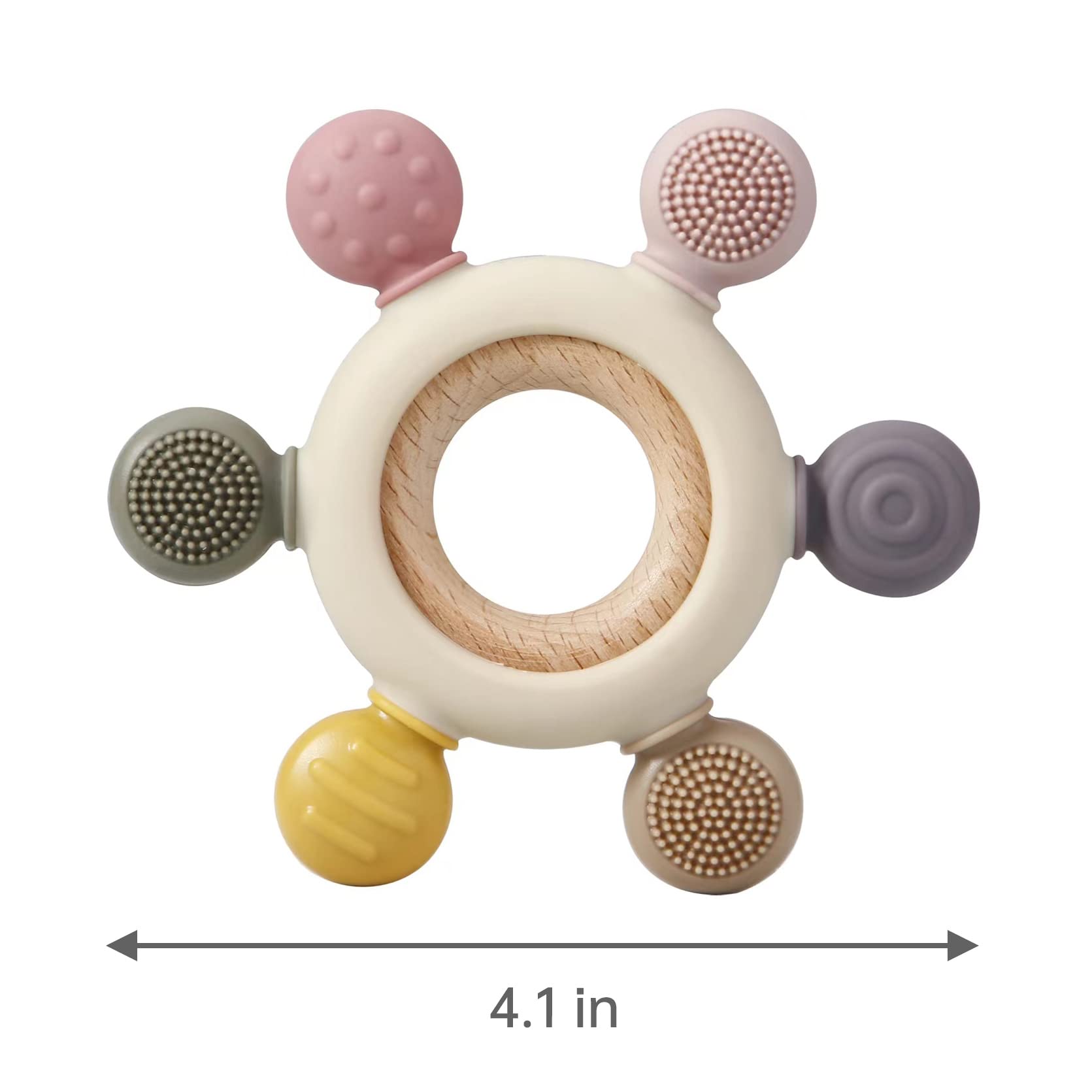 PandaEar Baby Teething Toys - Silicone Rudder Toy with Wooden Rings for Soothing Teething Pain Relief - Shower Gift for lnfants & Toddlers 3+ Months (Pink)