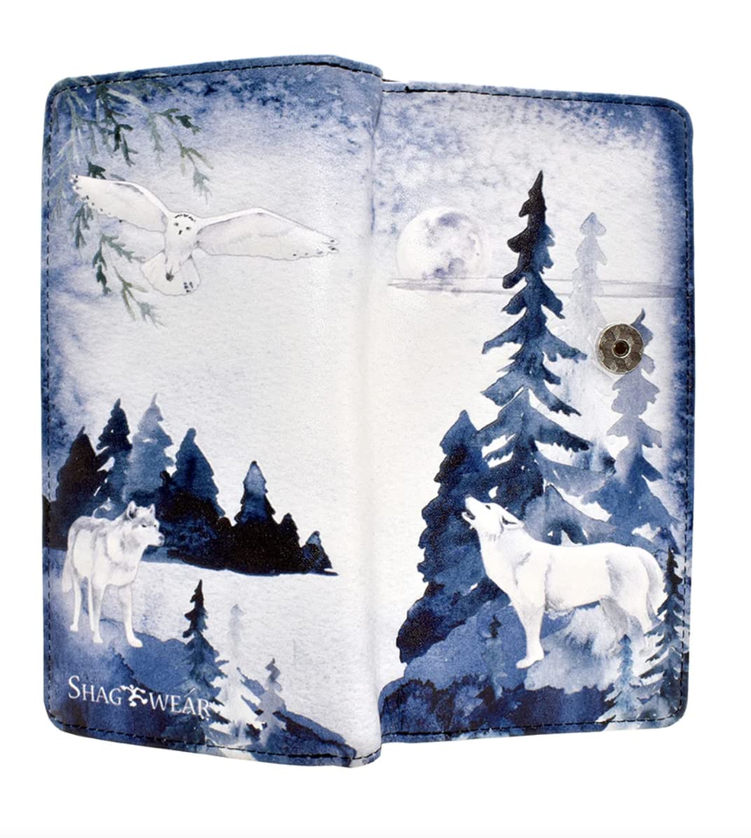 Shag Wear Mystic Wolves Snow Owl Large Stylish Animal Wallet For Women and Teen Girls Vegan Faux Leather 7"