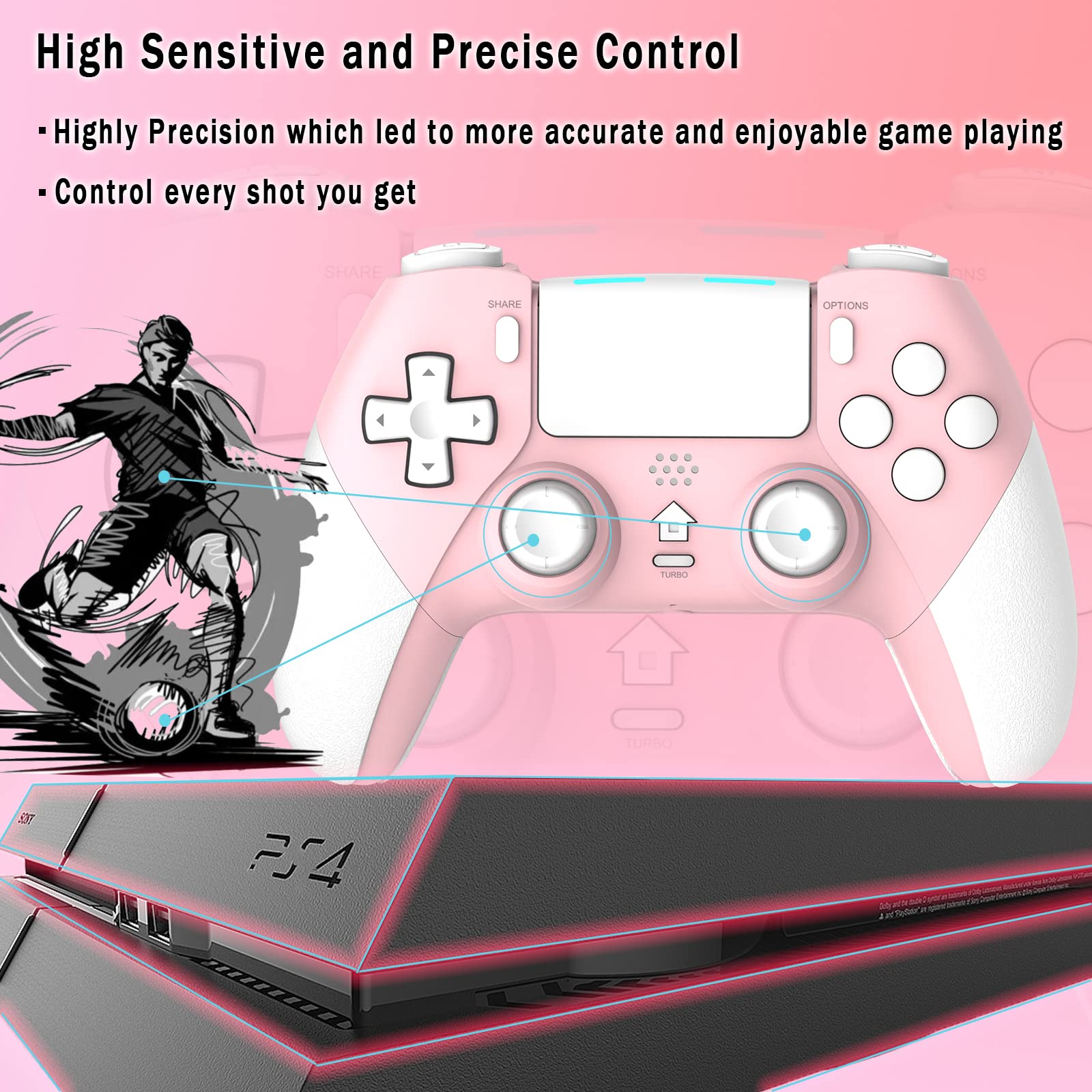 TERIOS Wireless Controller for PS4/Pro/Slim, Control for PS4 Built-in Speakers-6 Axis Motion Sensor-Programming-Auto Turbo Function (Pink White)