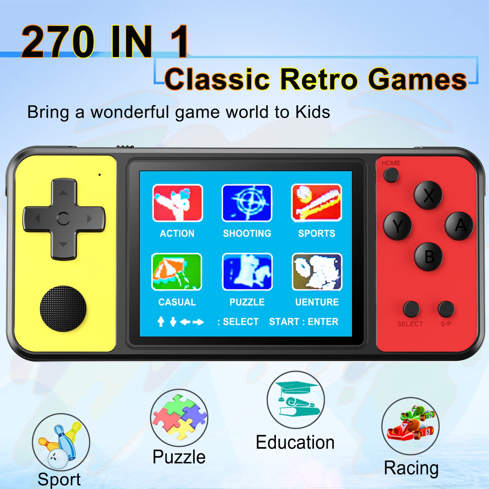 Great Boy Handheld Game Console for Kids Aldults Preloaded 270 Classic Retro Games with 3.0'' Color Display and Gamepad Rechargeable Arcade Gaming Player (Black Yellow)