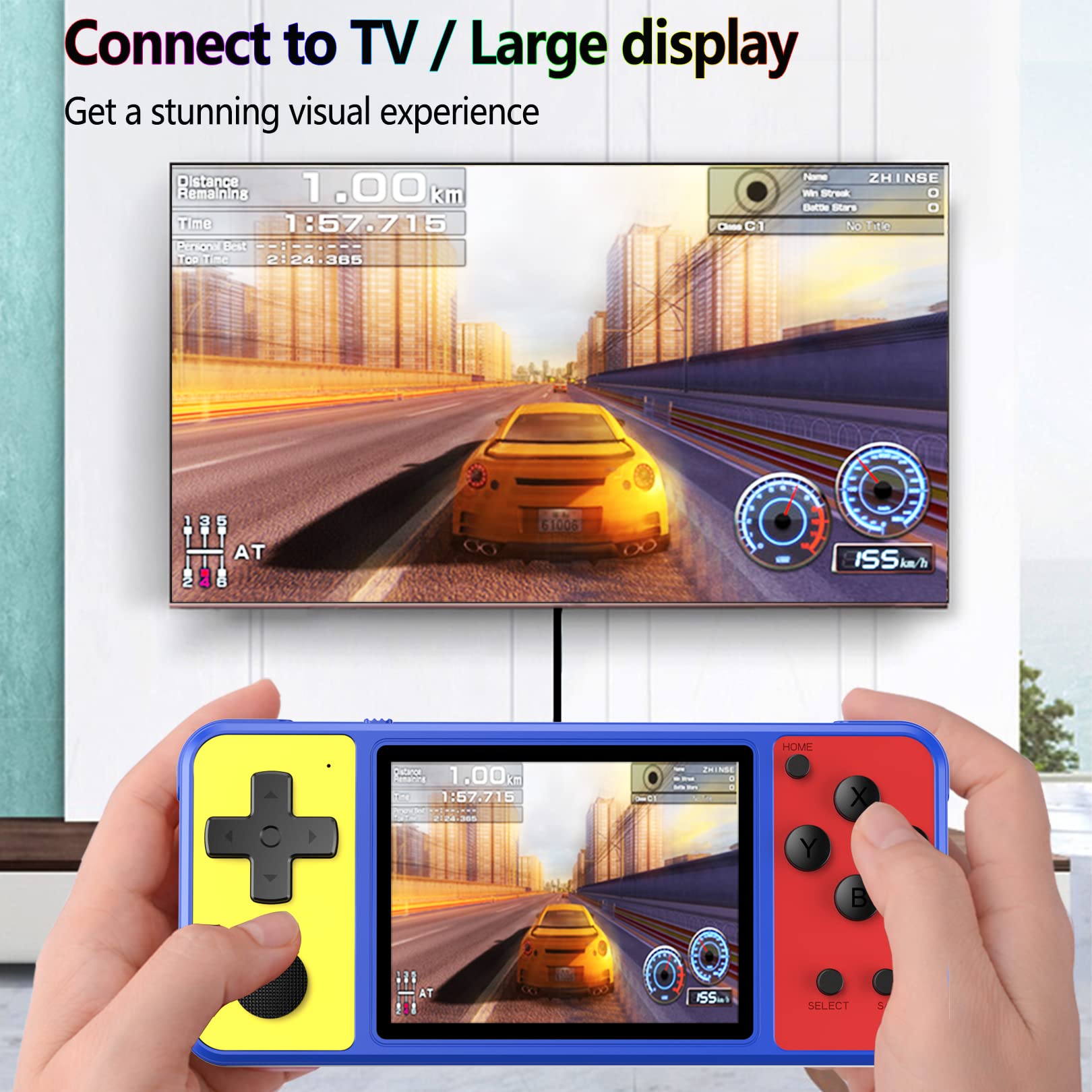 Great Boy Handheld Game Console for Kids Preloaded 270 Classic Retro Games with 3.0'' Color Display and Gamepad Rechargeable Arcade Gaming Player (Blue Yellow Red)