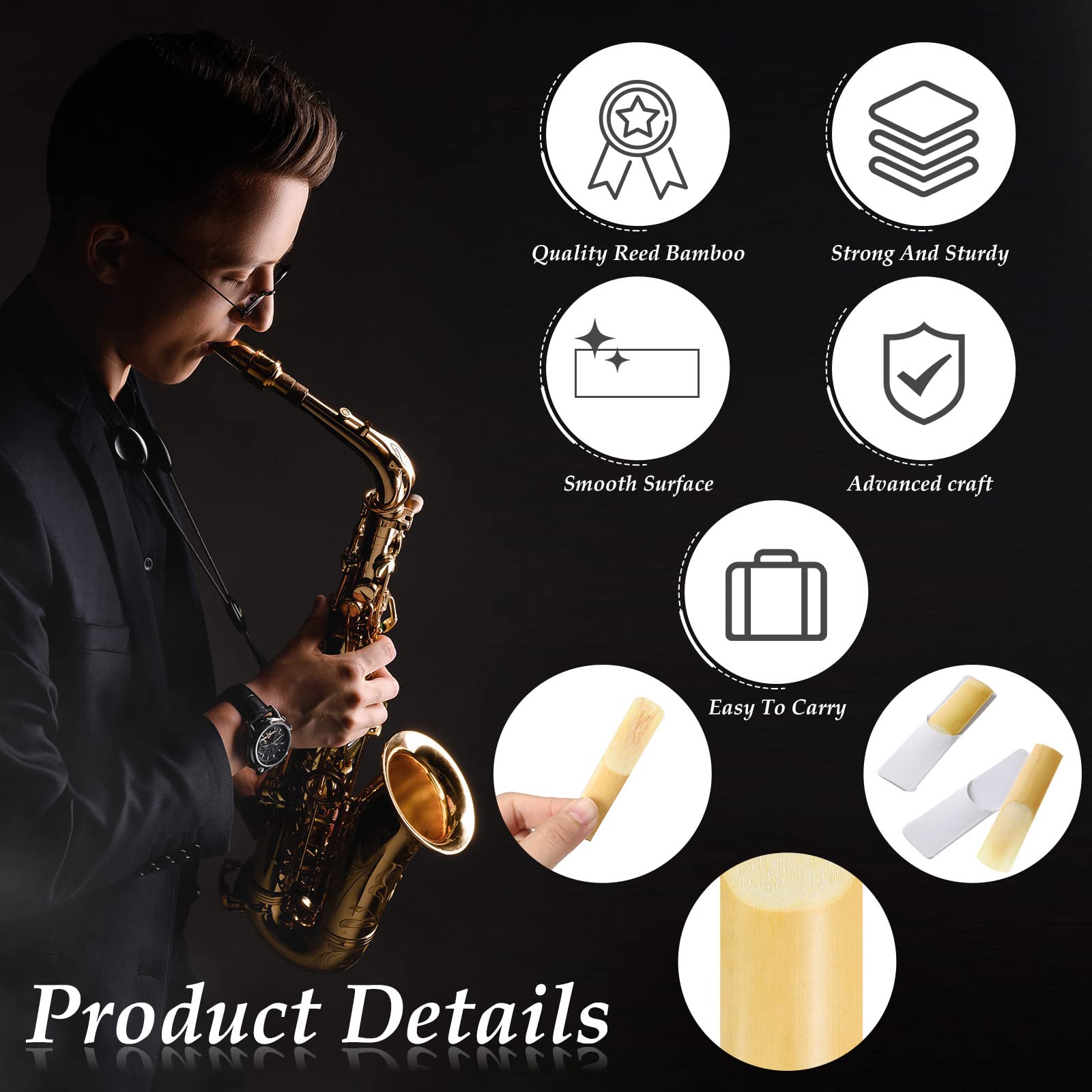 50 Pcs Alto Saxophone Reeds Sax Reeds Size 2.5, Strength 2 1/2 Clarinet Bamboo Reeds with Protective Cover for Soprano Alto Woodwind Musical Instrument Accessories Beginners Educators Students