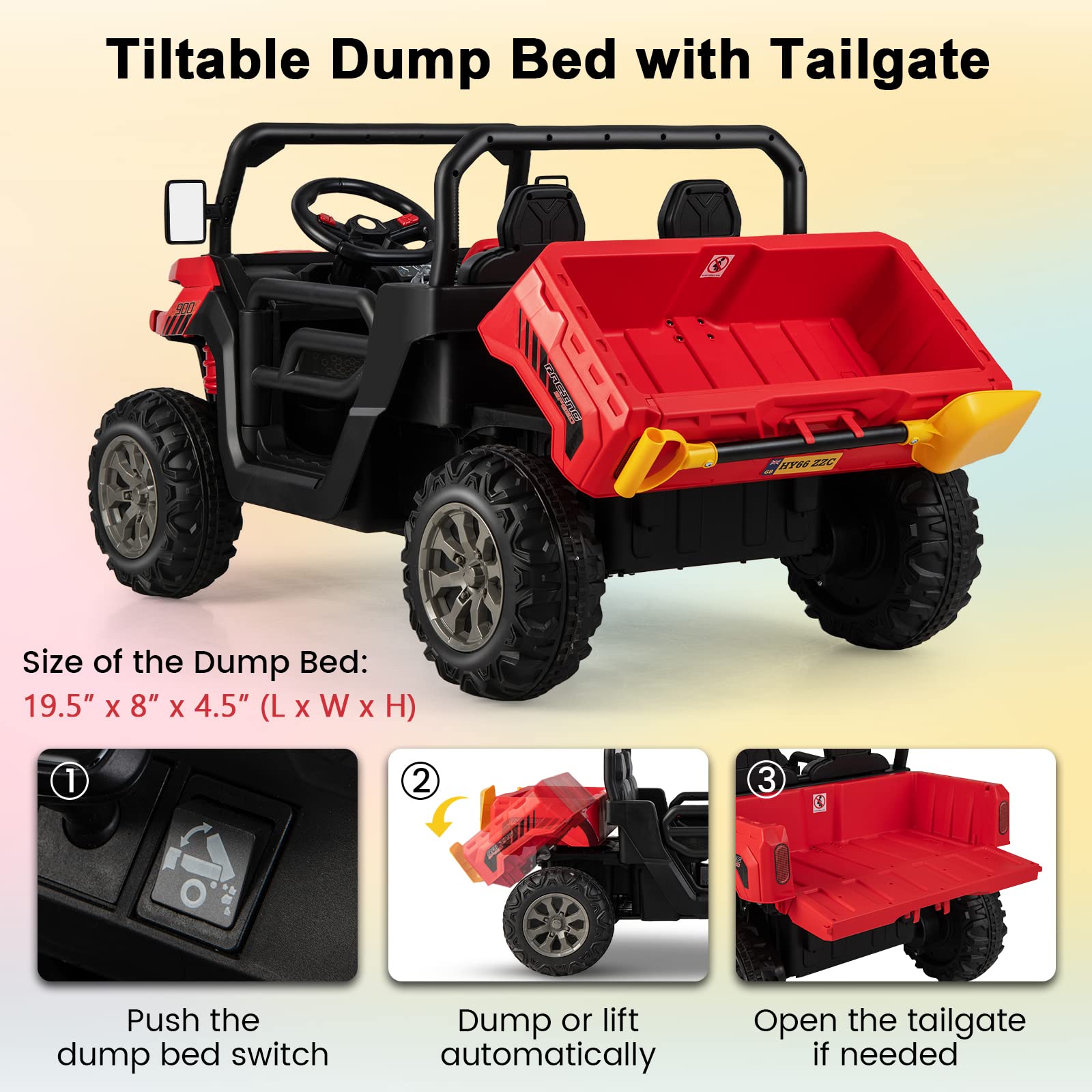 Costzon Ride On Dump Truck with Remote Control, 12V Electric Kids UTV w/Electric Dump Bed, Rocking Function, Shovel, 4 Spring Suspensions, Wireless Design, 2-Seater Ride on Car Gift for Kids (Red)